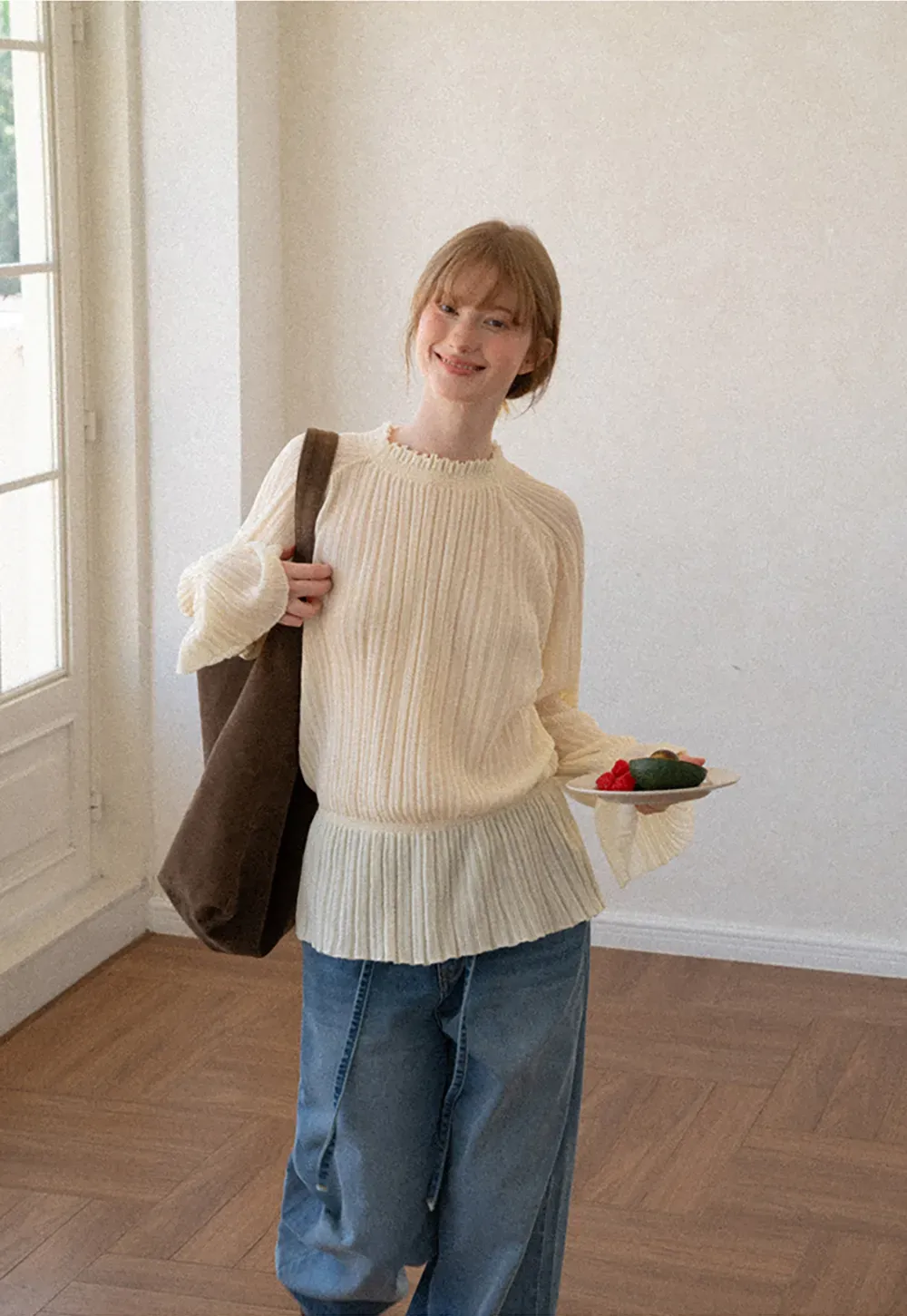 Ribbed Knit Sweater with Ruffled Hem and Flared Sleeves