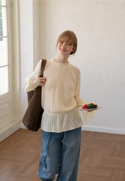 Ribbed Knit Sweater with Ruffled Hem and Flared Sleeves