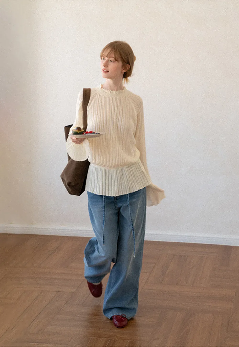Ribbed Knit Sweater with Ruffled Hem and Flared Sleeves