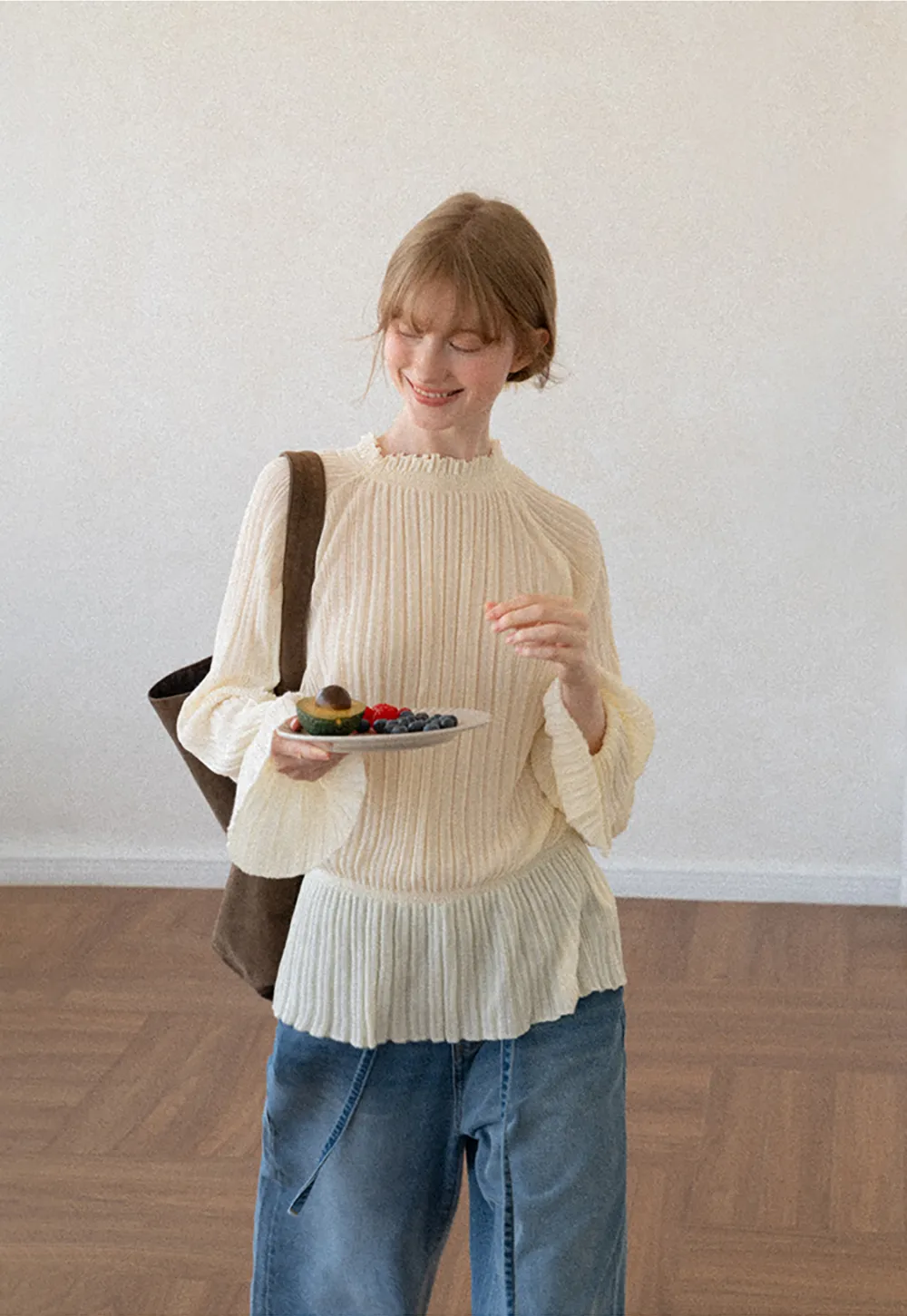 Ribbed Knit Sweater with Ruffled Hem and Flared Sleeves