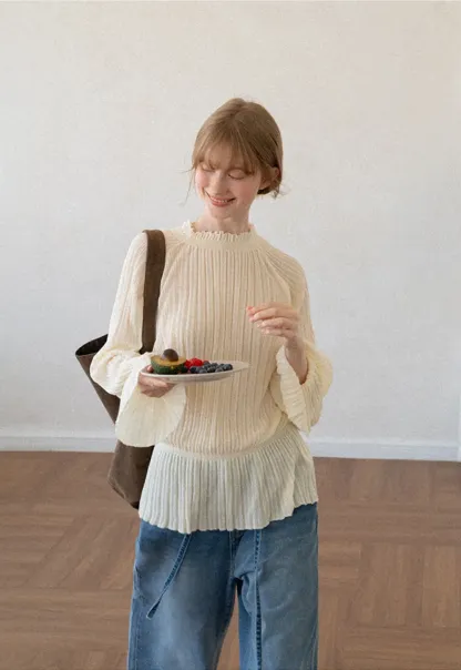 Ribbed Knit Sweater with Ruffled Hem and Flared Sleeves