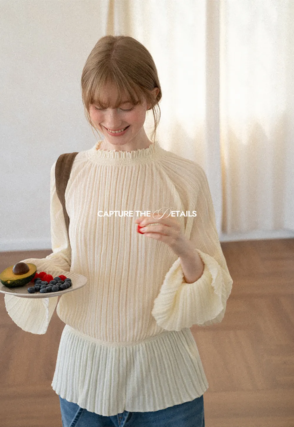 Ribbed Knit Sweater with Ruffled Hem and Flared Sleeves