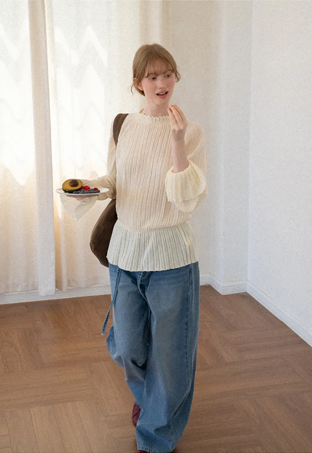 Ribbed Knit Sweater with Ruffled Hem and Flared Sleeves