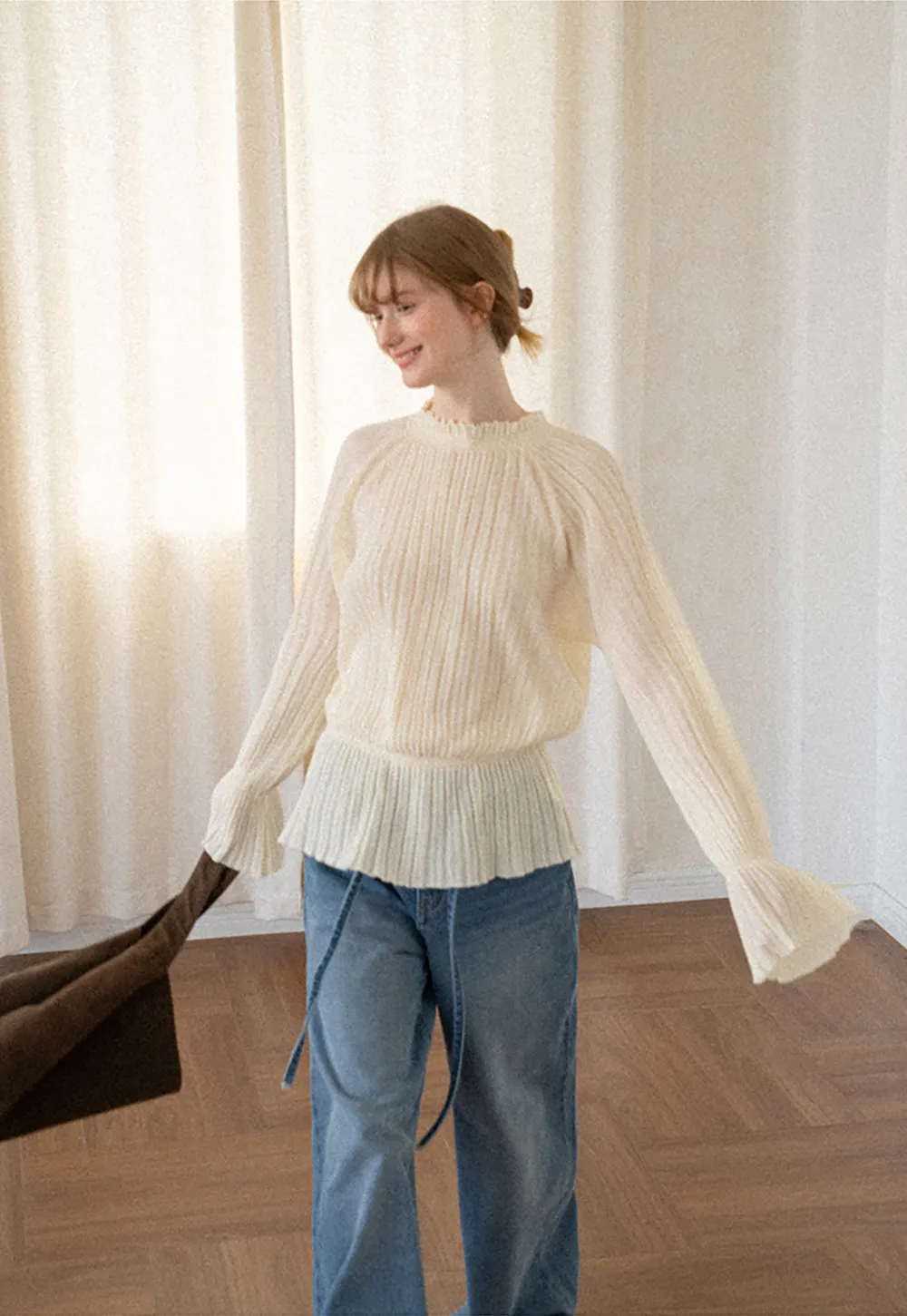 Ribbed Knit Sweater with Ruffled Hem and Flared Sleeves