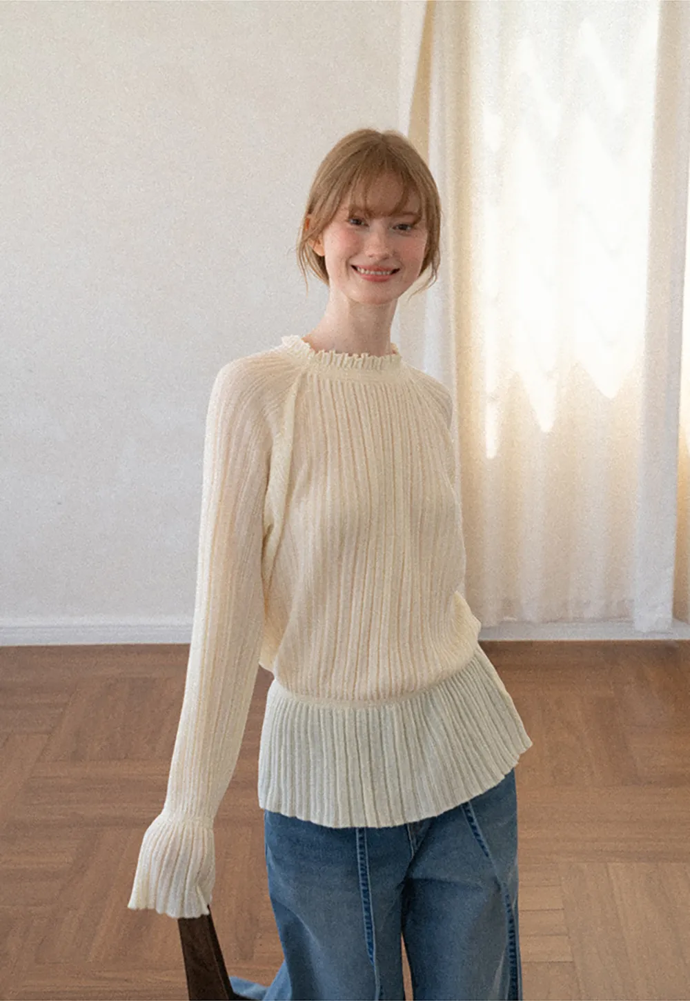 Ribbed Knit Sweater with Ruffled Hem and Flared Sleeves