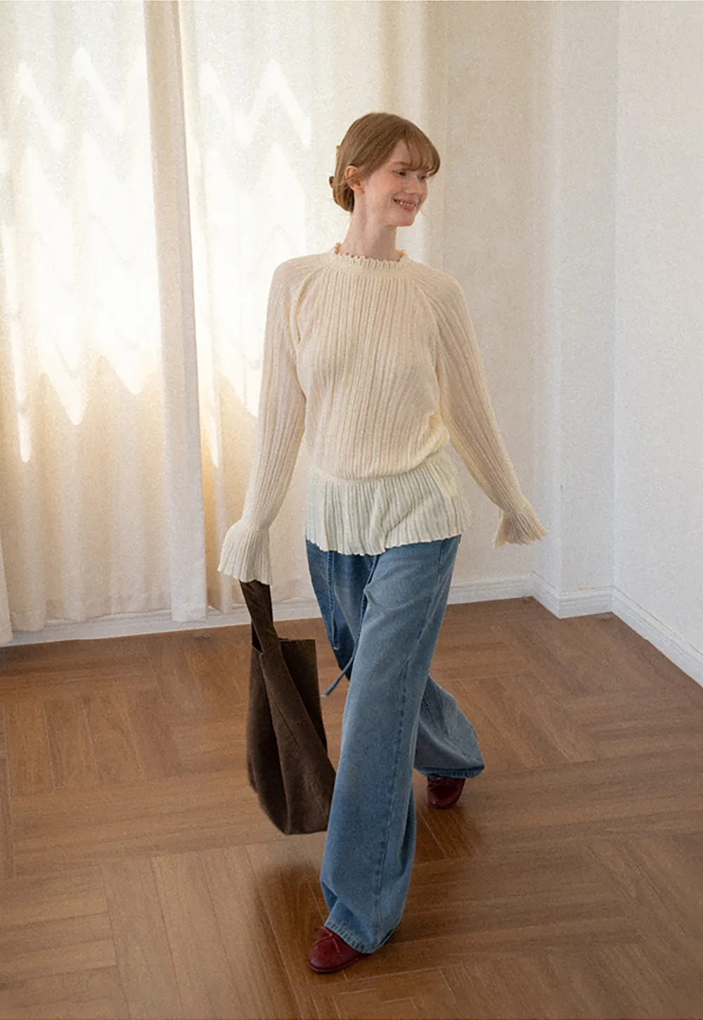 Ribbed Knit Sweater with Ruffled Hem and Flared Sleeves