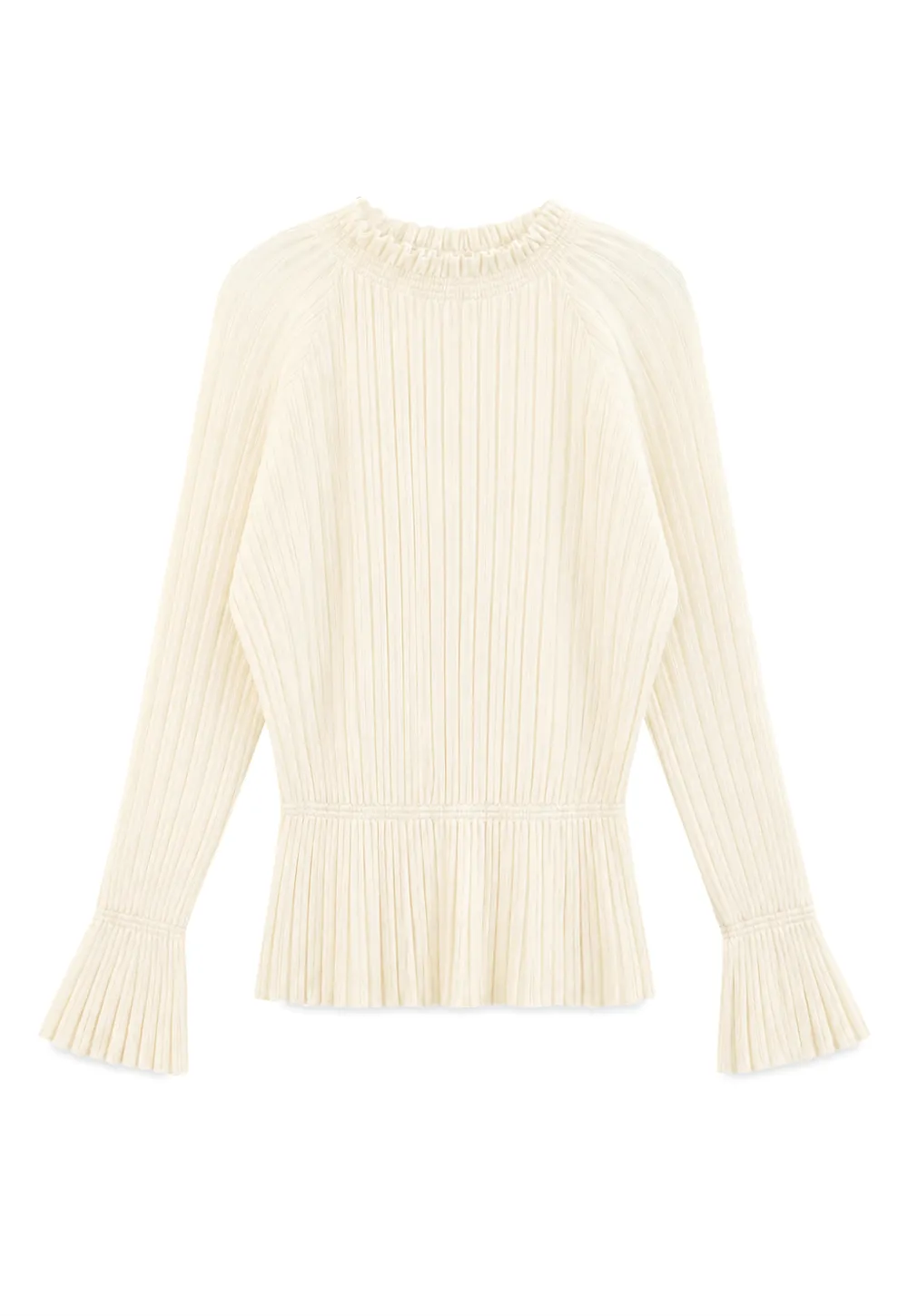 Ribbed Knit Sweater with Ruffled Hem and Flared Sleeves