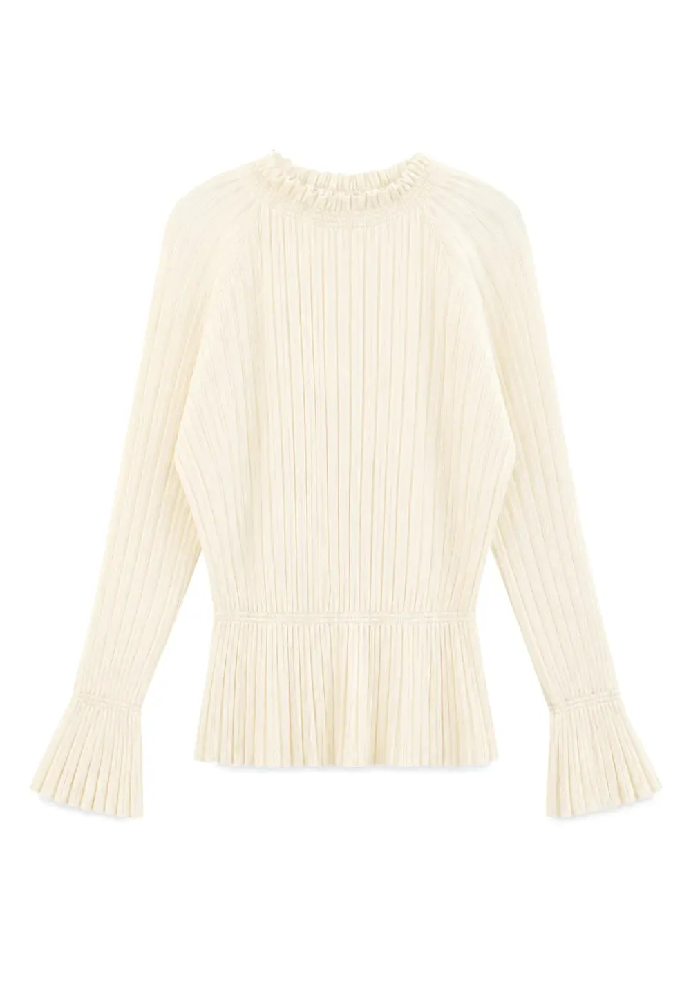 Ribbed Knit Sweater with Ruffled Hem and Flared Sleeves