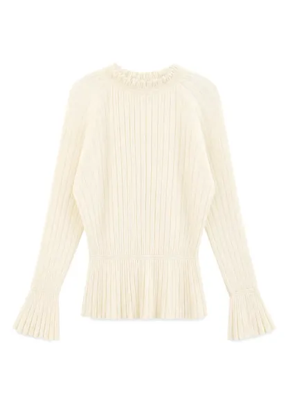 Ribbed Knit Sweater with Ruffled Hem and Flared Sleeves