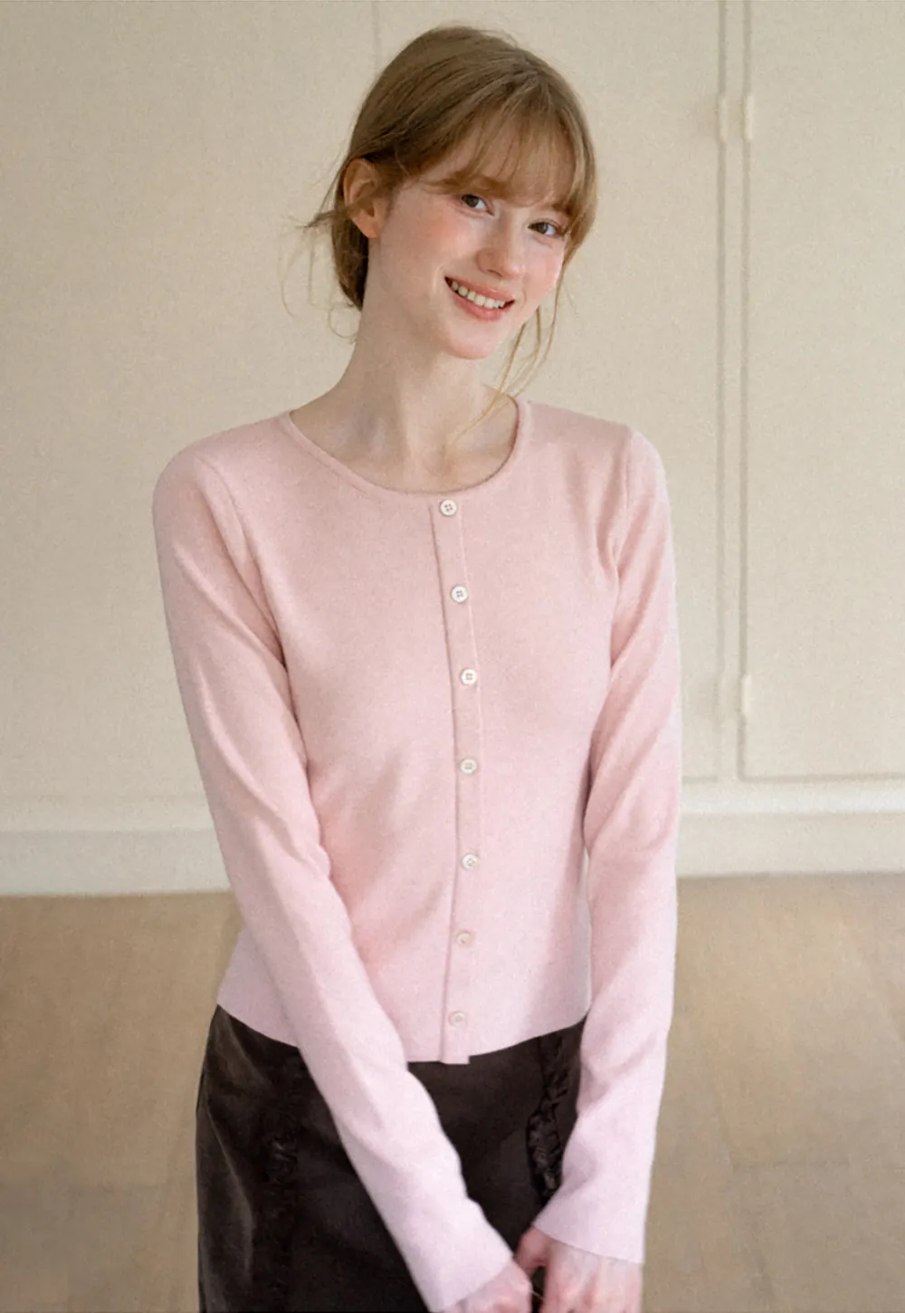 Cropped Round Neck Button Front Knit Cardigan