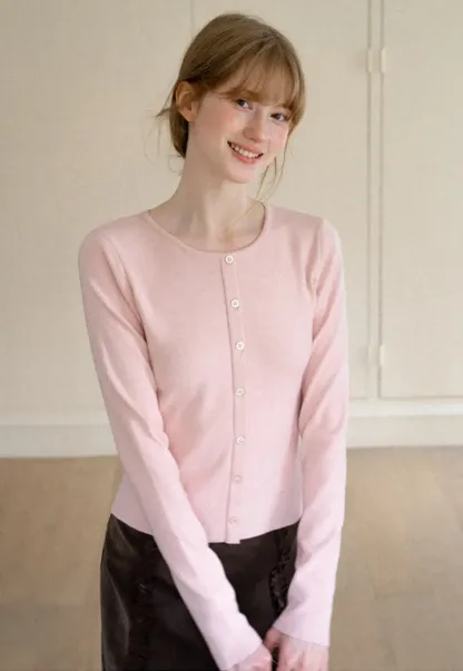 Cropped Round Neck Button Front Knit Cardigan