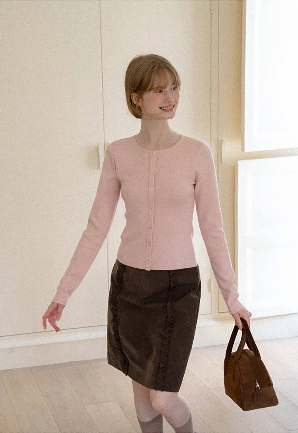 Cropped Round Neck Button Front Knit Cardigan