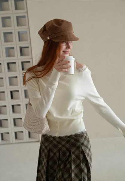 Lace Trim Off Shoulder Knit Sweater