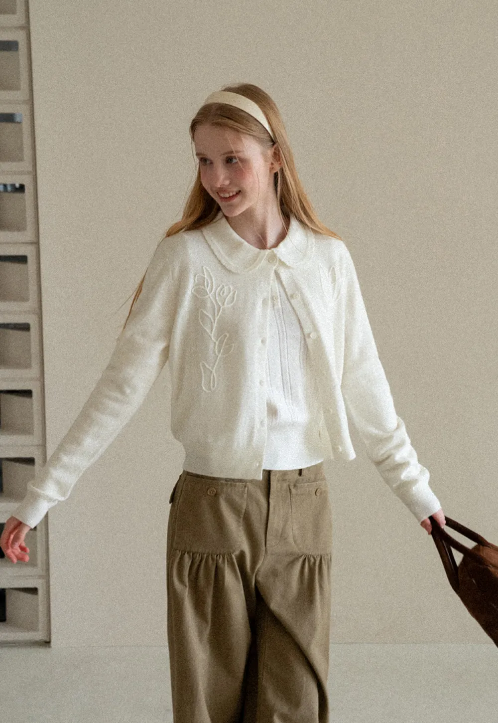 Embroidered Floral Peter Pan Collar Knit Cardigan