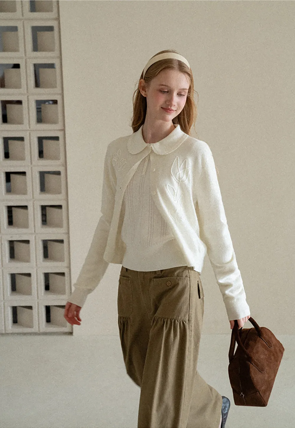 Embroidered Floral Peter Pan Collar Knit Cardigan
