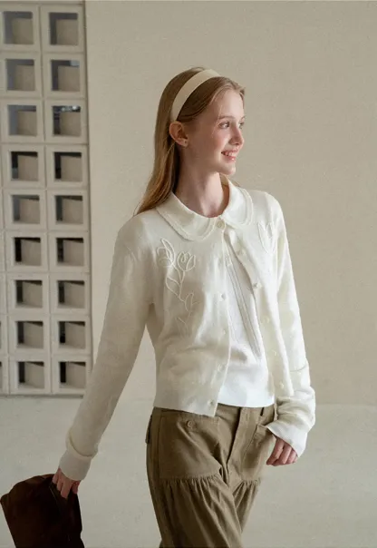 Embroidered Floral Peter Pan Collar Knit Cardigan