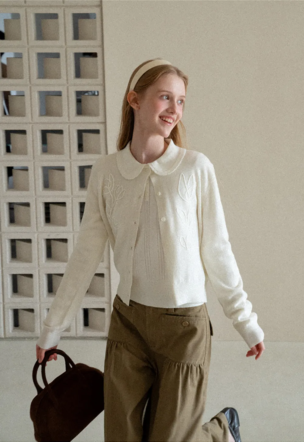 Embroidered Floral Peter Pan Collar Knit Cardigan