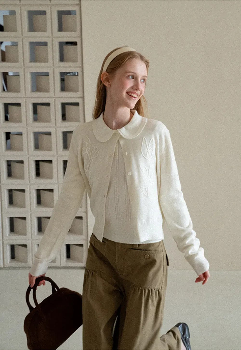 Embroidered Floral Peter Pan Collar Knit Cardigan