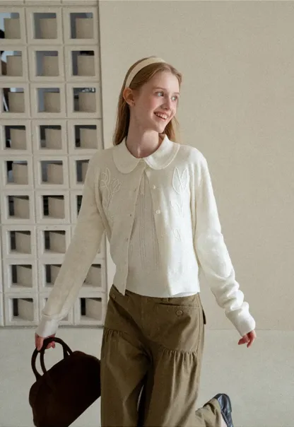 Embroidered Floral Peter Pan Collar Knit Cardigan