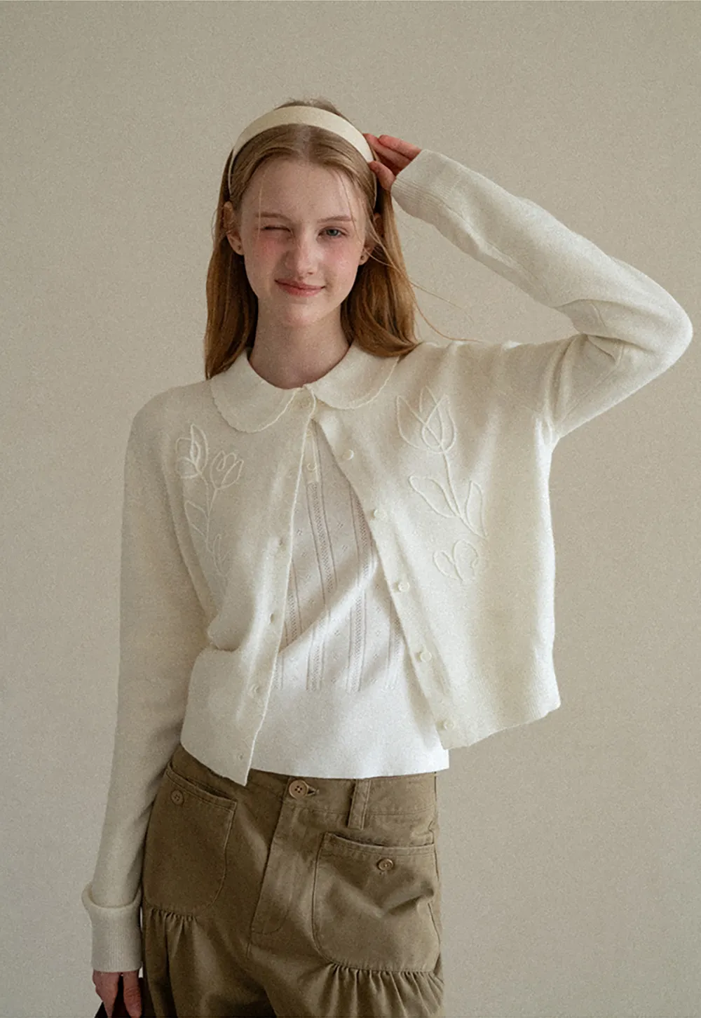 Embroidered Floral Peter Pan Collar Knit Cardigan