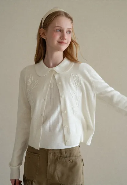 Embroidered Floral Peter Pan Collar Knit Cardigan