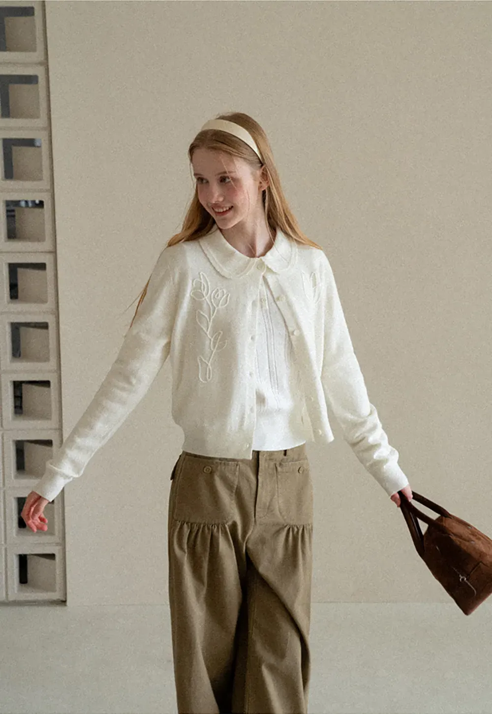 Embroidered Floral Peter Pan Collar Knit Cardigan