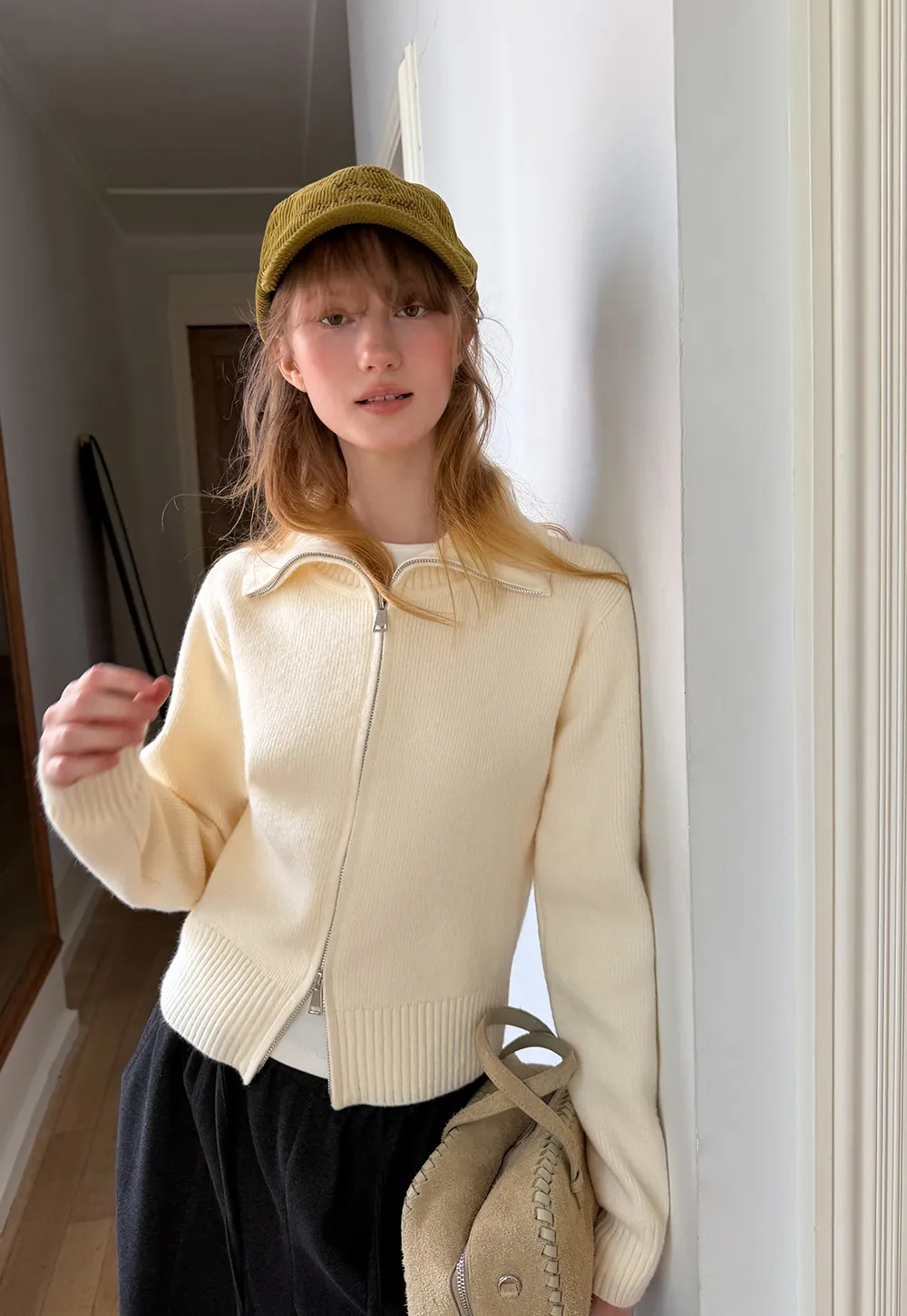 Zip Front Collar Ribbed Knit Sweater
