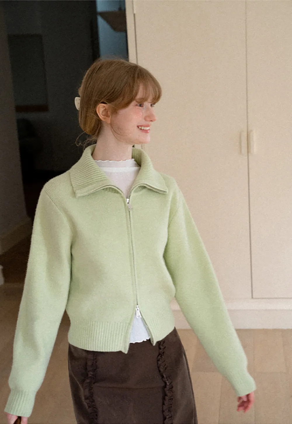 Zip Front Collar Ribbed Knit Sweater
