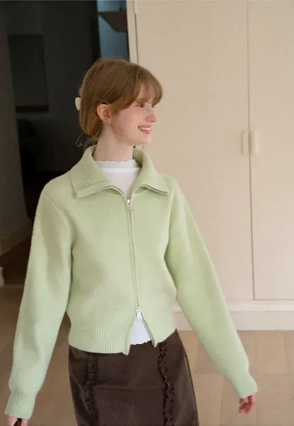 Zip Front Collar Ribbed Knit Sweater