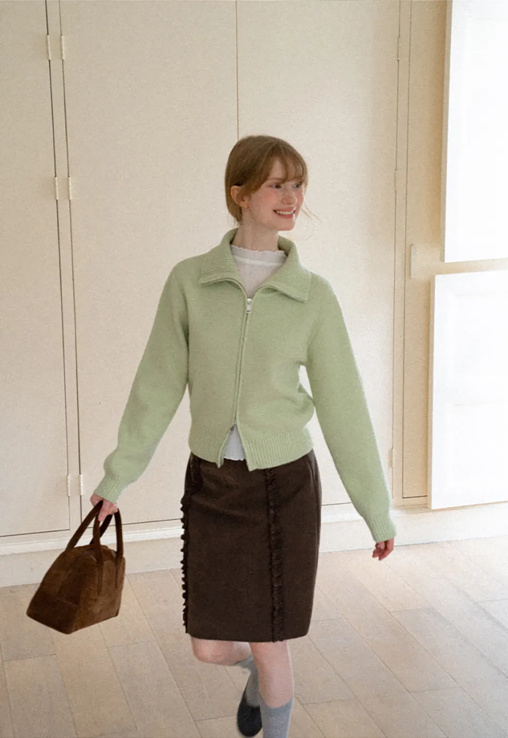 Zip Front Collar Ribbed Knit Sweater