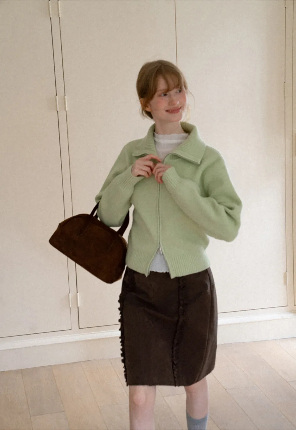 Zip Front Collar Ribbed Knit Sweater
