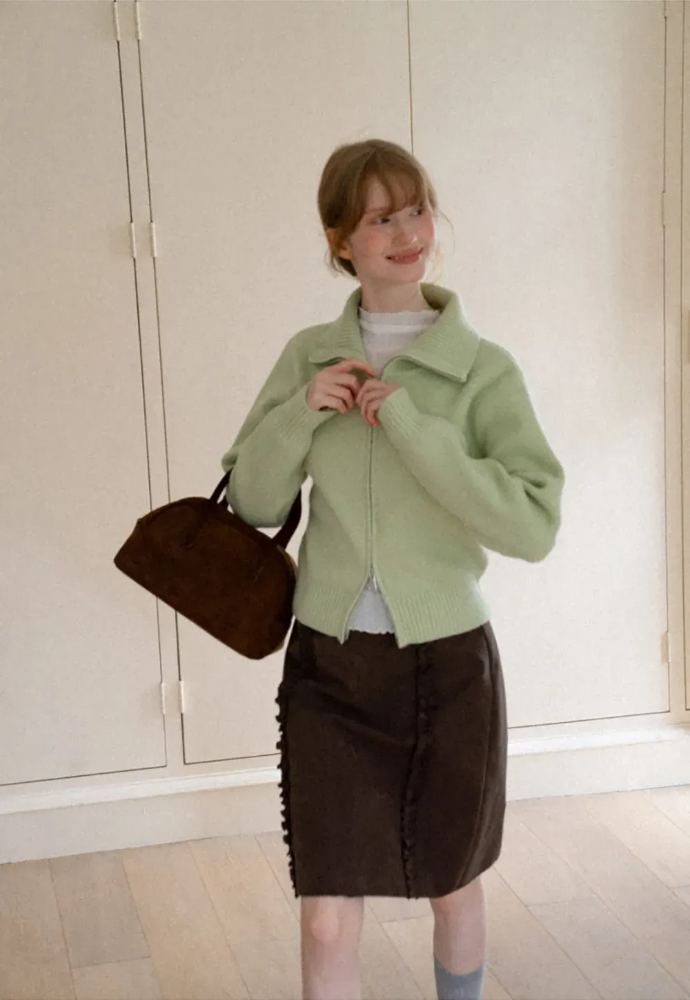 Zip Front Collar Ribbed Knit Sweater
