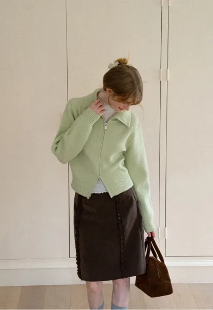 Zip Front Collar Ribbed Knit Sweater