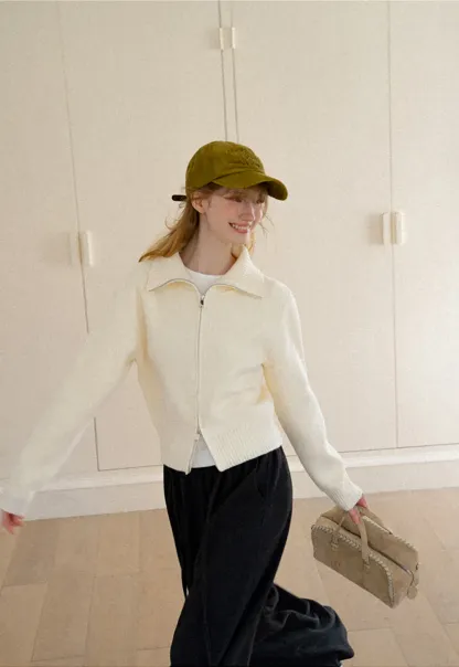 Zip Front Collar Ribbed Knit Sweater