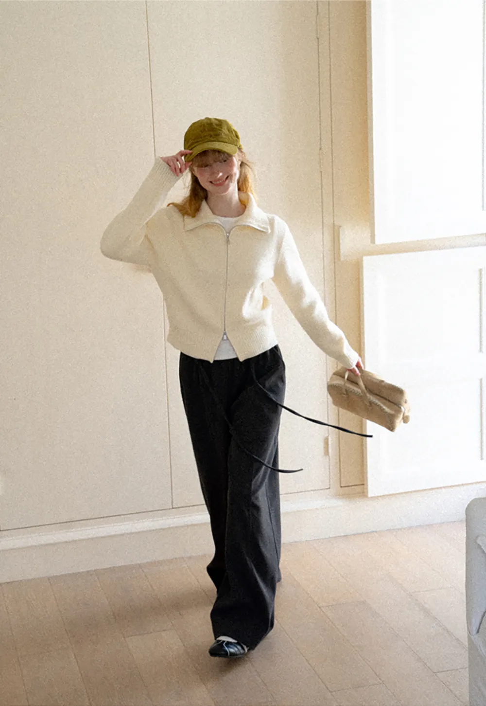 Zip Front Collar Ribbed Knit Sweater