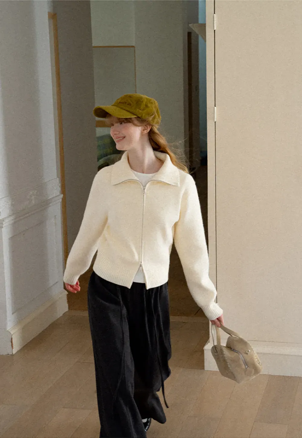 Zip Front Collar Ribbed Knit Sweater