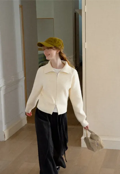 Zip Front Collar Ribbed Knit Sweater