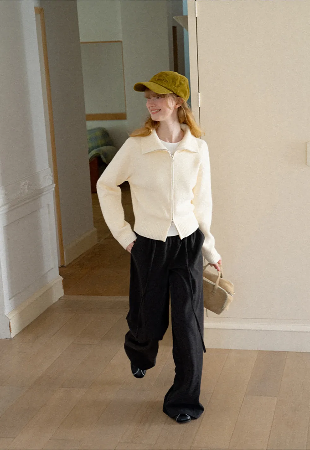 Zip Front Collar Ribbed Knit Sweater