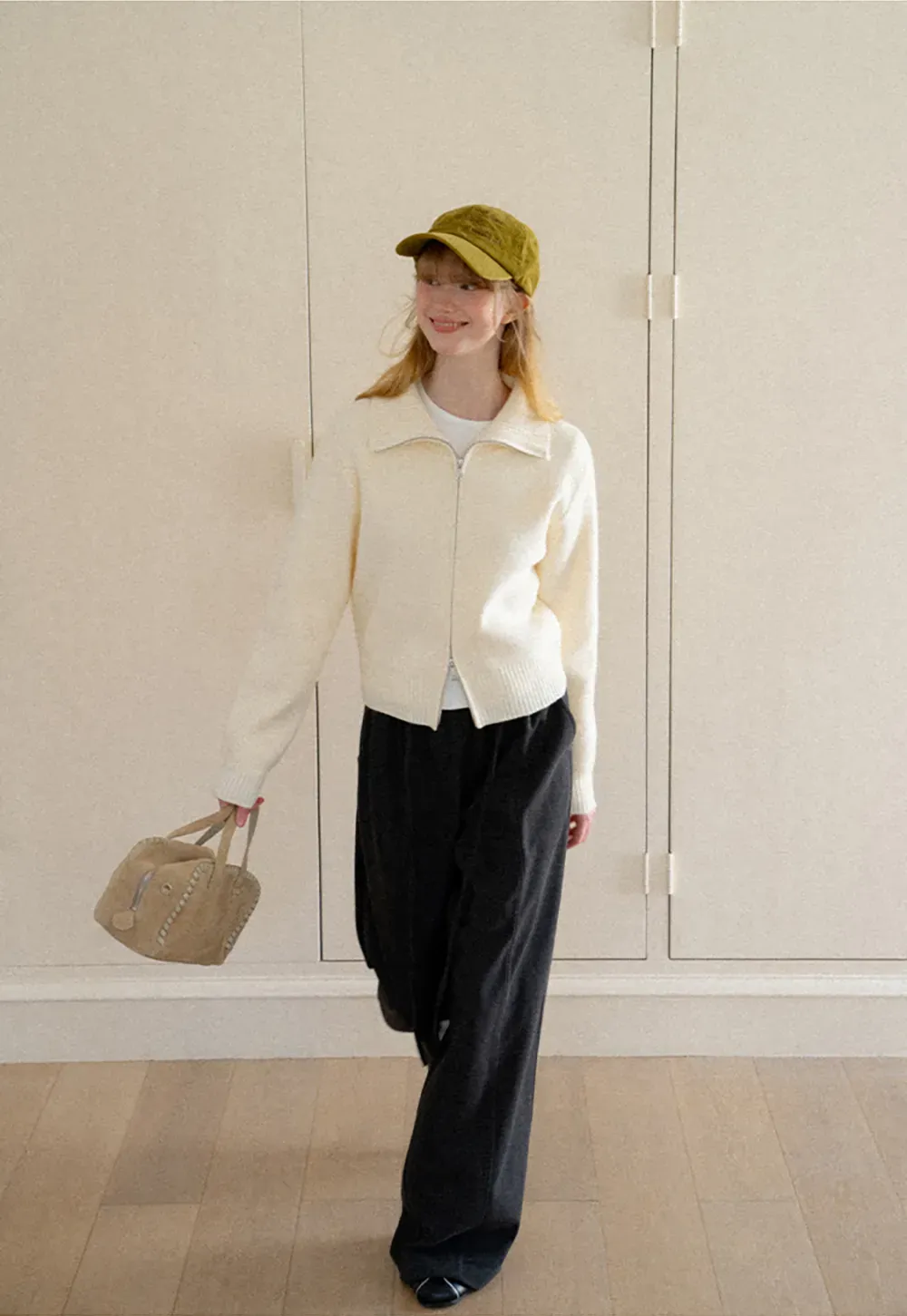 Zip Front Collar Ribbed Knit Sweater