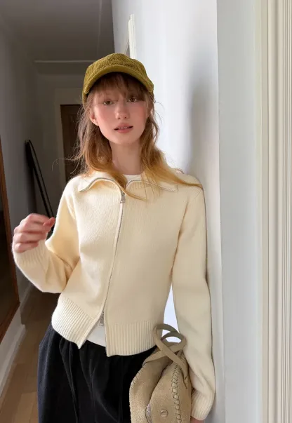 Zip Front Collar Ribbed Knit Sweater