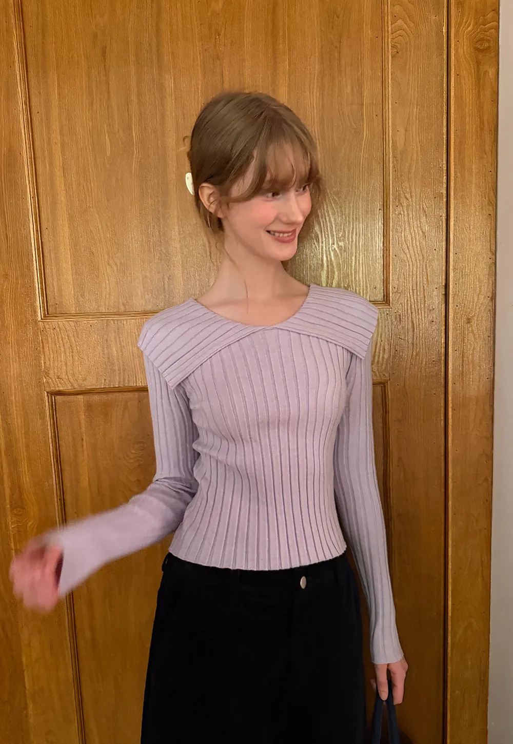 Asymmetrical Collar Ribbed Knit Sweater