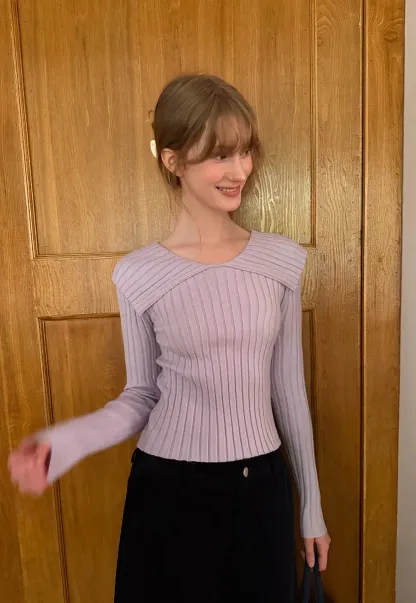 Asymmetrical Collar Ribbed Knit Sweater