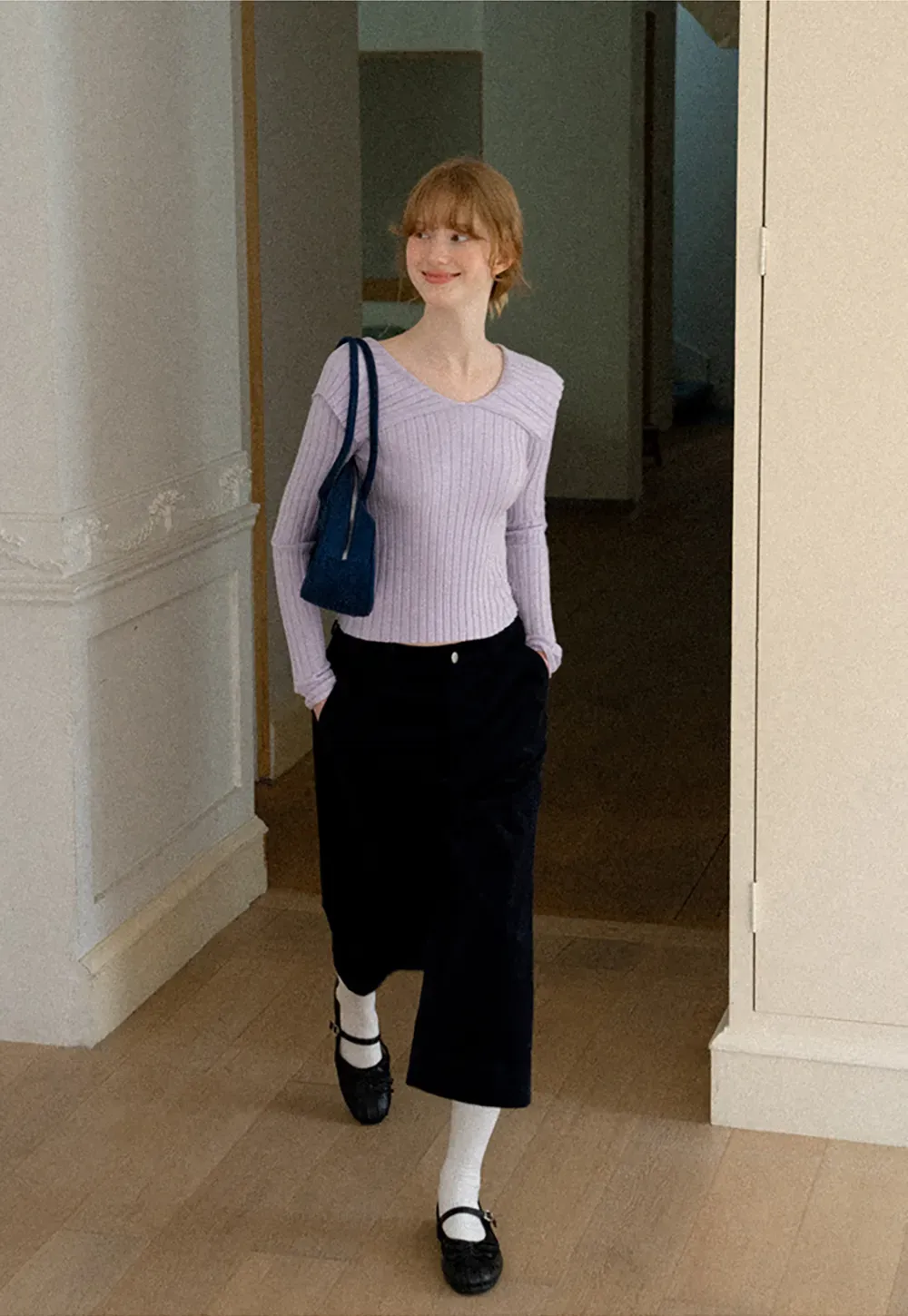 Asymmetrical Collar Ribbed Knit Sweater