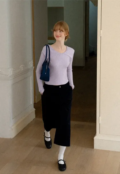 Asymmetrical Collar Ribbed Knit Sweater