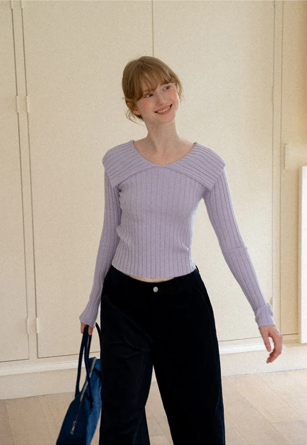 Asymmetrical Collar Ribbed Knit Sweater