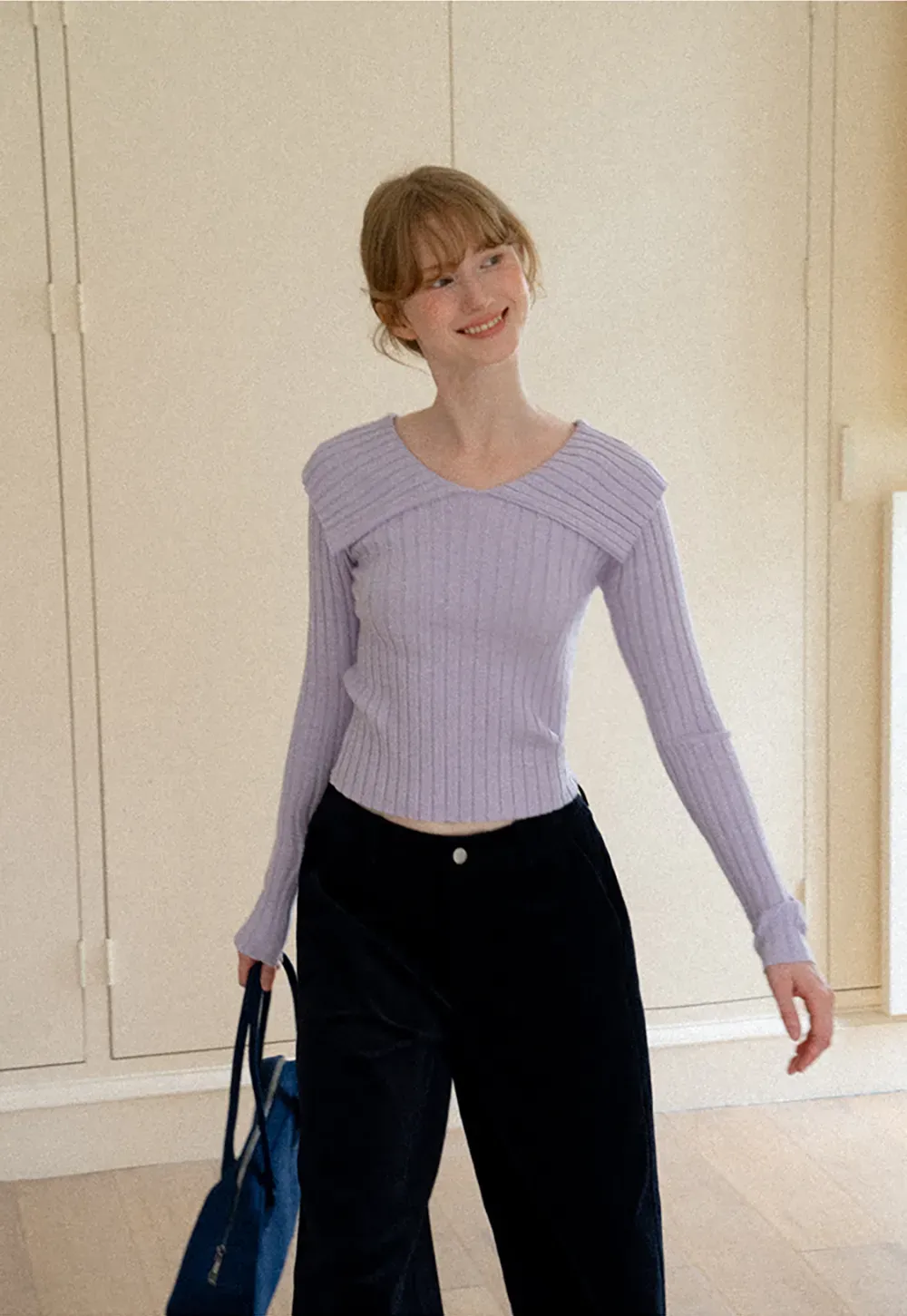 Asymmetrical Collar Ribbed Knit Sweater