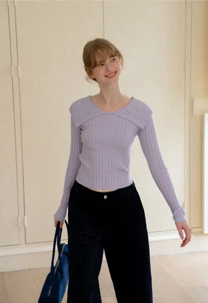 Asymmetrical Collar Ribbed Knit Sweater