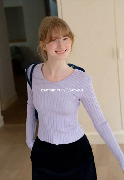 Asymmetrical Collar Ribbed Knit Sweater