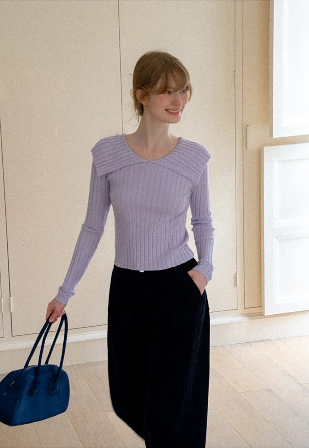 Asymmetrical Collar Ribbed Knit Sweater