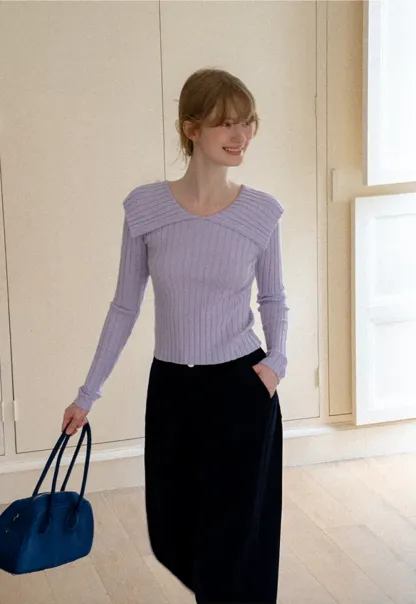 Asymmetrical Collar Ribbed Knit Sweater